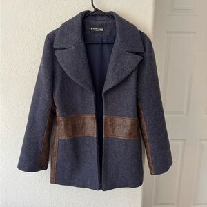 Le Mode Super Navy Wool Coat with Brown Leather Detail